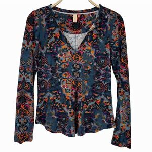 Pilcro Anthropologie Long Sleeve Thermal Top XS Blue Orange Boho Medallion Print
